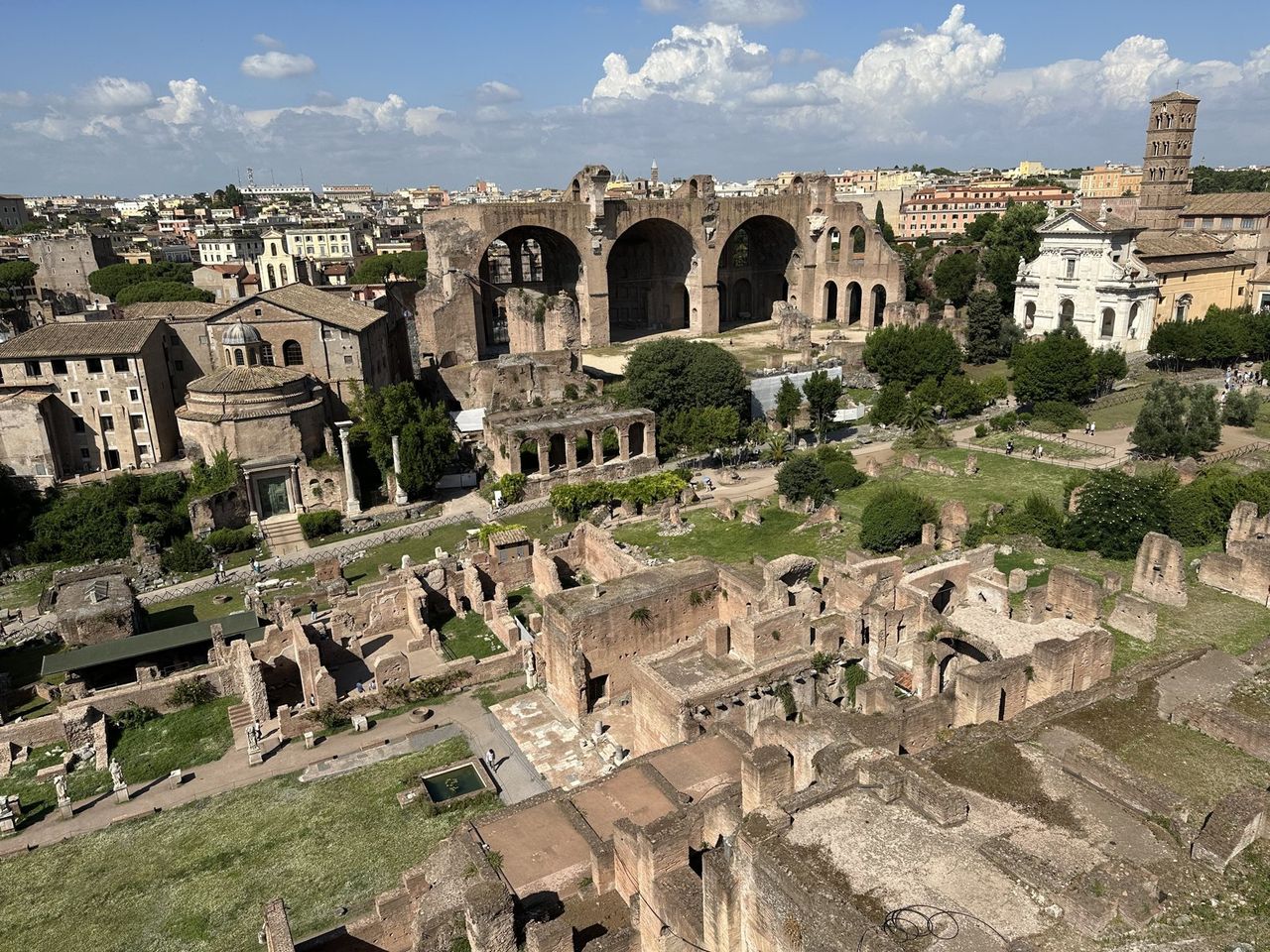 The Roman Forum seen from above, the Colosseum in the distance