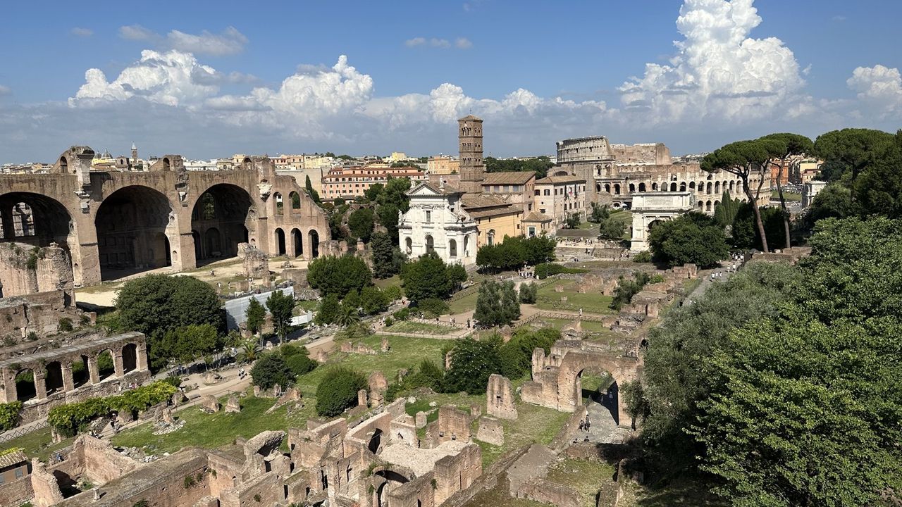 The Roman Forum from the Palatine with the Basilica of Maxentius and the Colosseum behind it